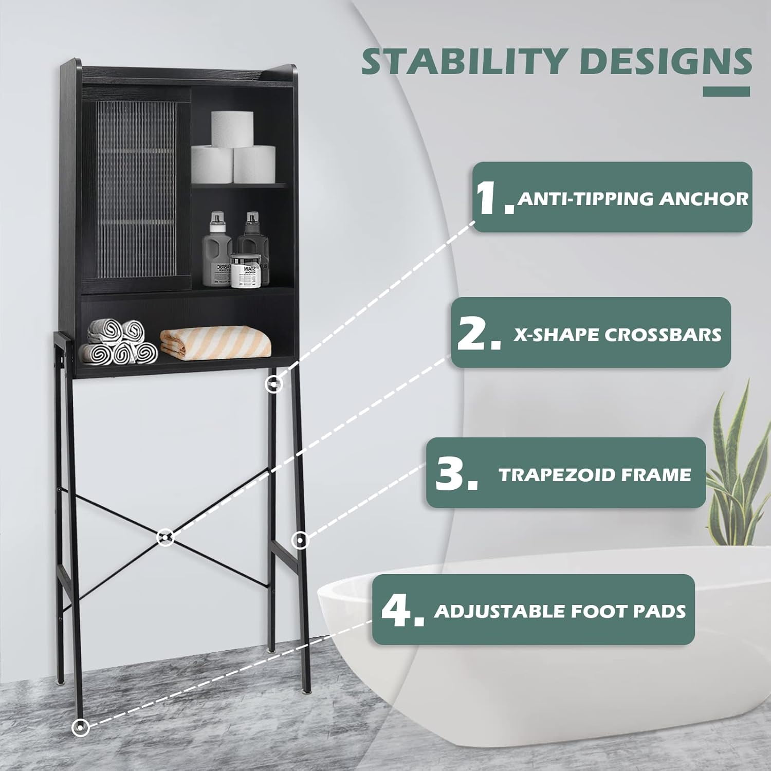 Reliancer Over The Toilet Storage Cabinet with Adjustable Shelves, Bathroom Space Saver Organizer Shelves, Freestanding Space Saver with Acrylic Sliding Door, Metal Frame, Black