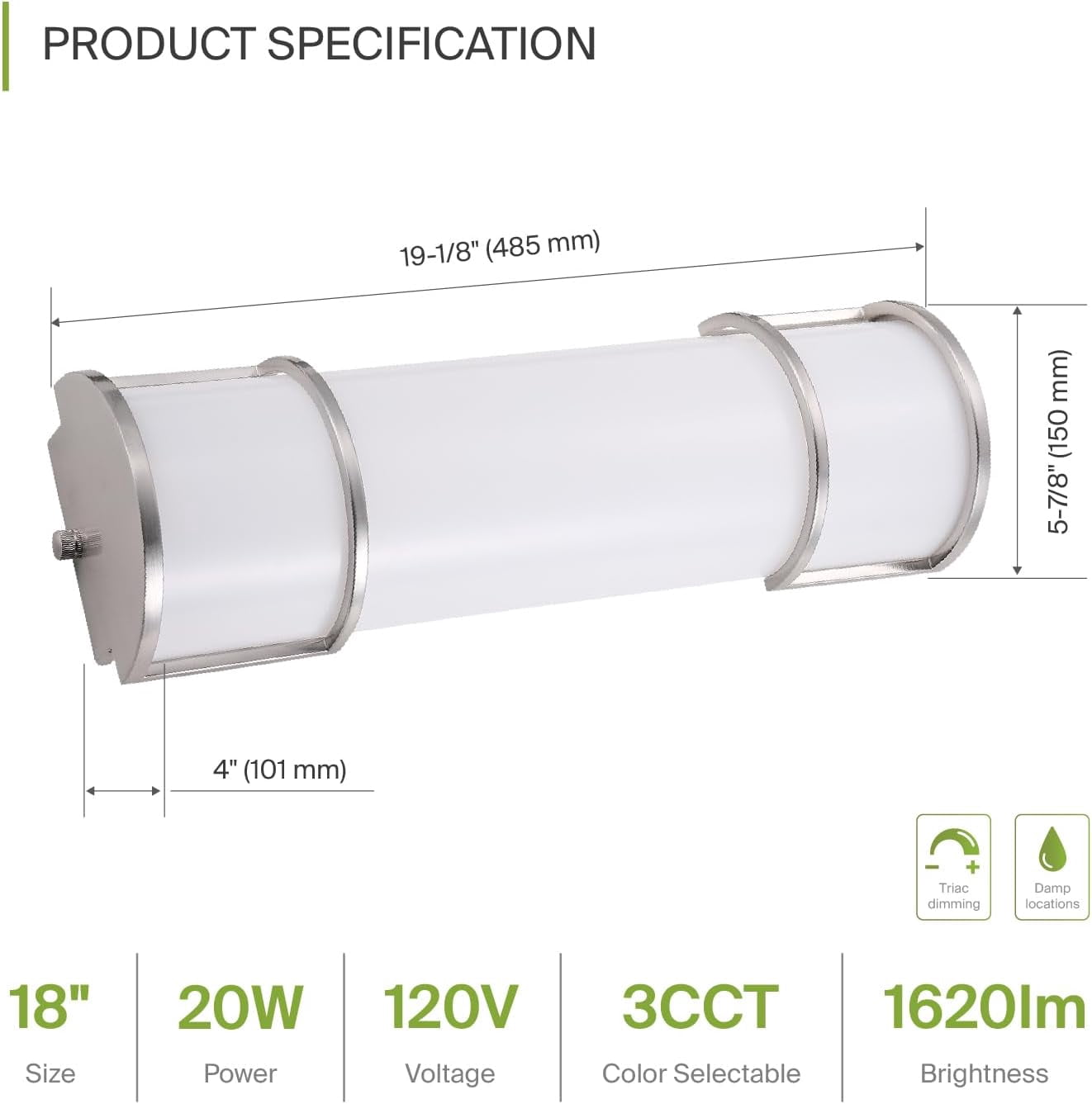 ASD LED 18 Inch Flush Mount Vanity Lighting Fixture | 20W 1650LM 3000K-5000K 120V | 3CCT, Dimmable, Energy Star, ETL Listed | Bathroom Linear Wall Light Bar, Long Tube Bath Sconce | Nickel, 4 Pack