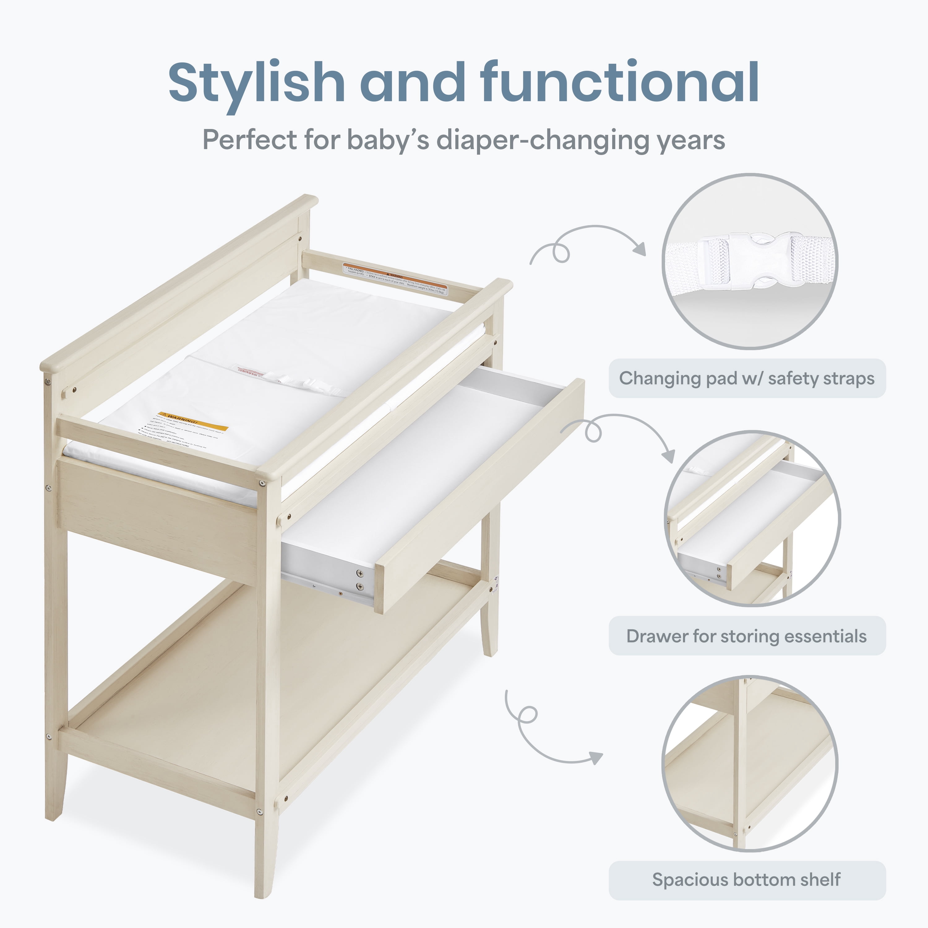 Dream On Me Bayfield Changing Table, JPMA & Greenguard Gold Certified, Glazed Brush White