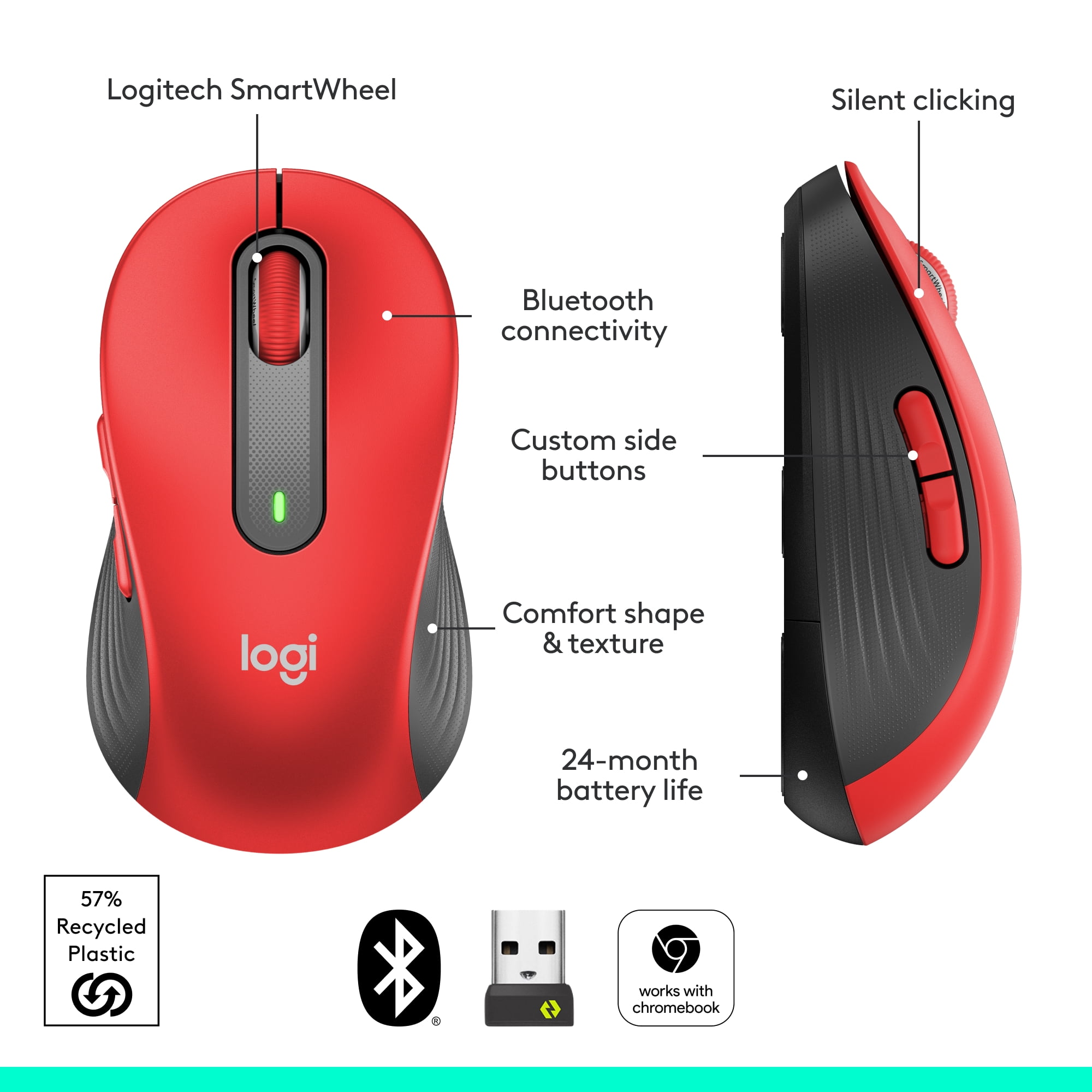 Logitech Signature M650 L Full Size Wireless Mouse - For Large Sized Hands, 2-Year Battery, Silent Clicks, Customizable Side Buttons, Bluetooth, Red