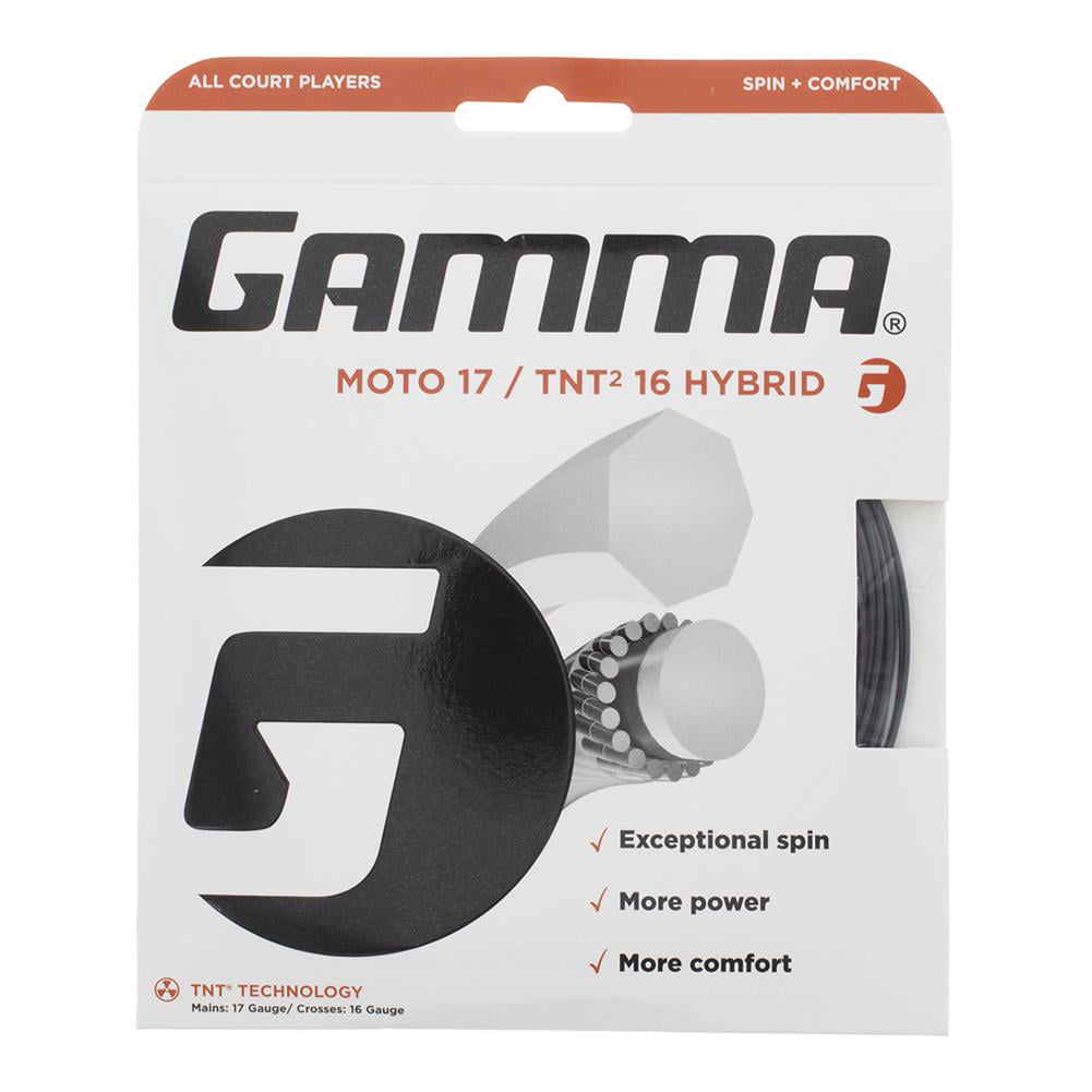 Black an Gamma Glide Hybrid With Moto 17/16G Tennis String Black and Crystal 
