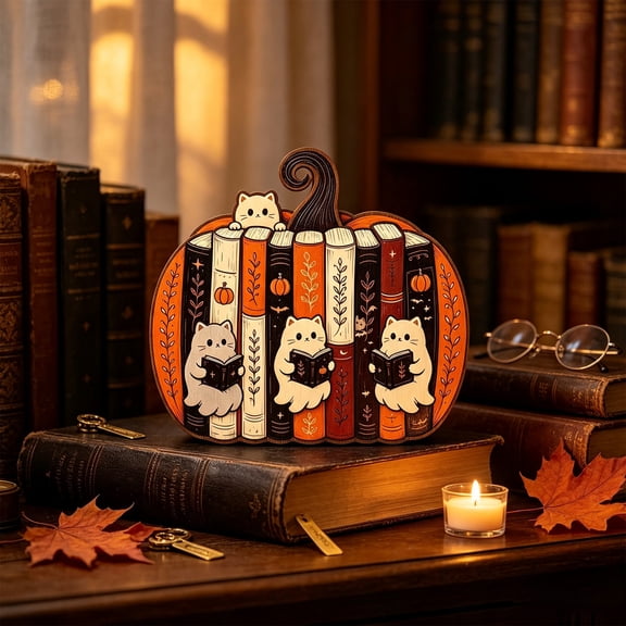 Halloween Wooden Pumpkin Bookshelf Decor, Rustic Pumpkin Tabletop Ornament with Fall Design, Seasonal Home Decoration for Shelf Mantel Desk Living Room Office Party Display