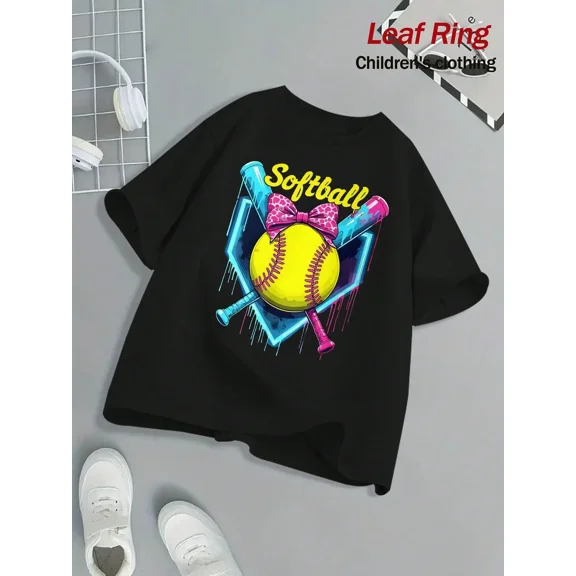 children's wear Girls Softball Graphic T-Shirt Short Sleeve Kids Sports Tee Black
