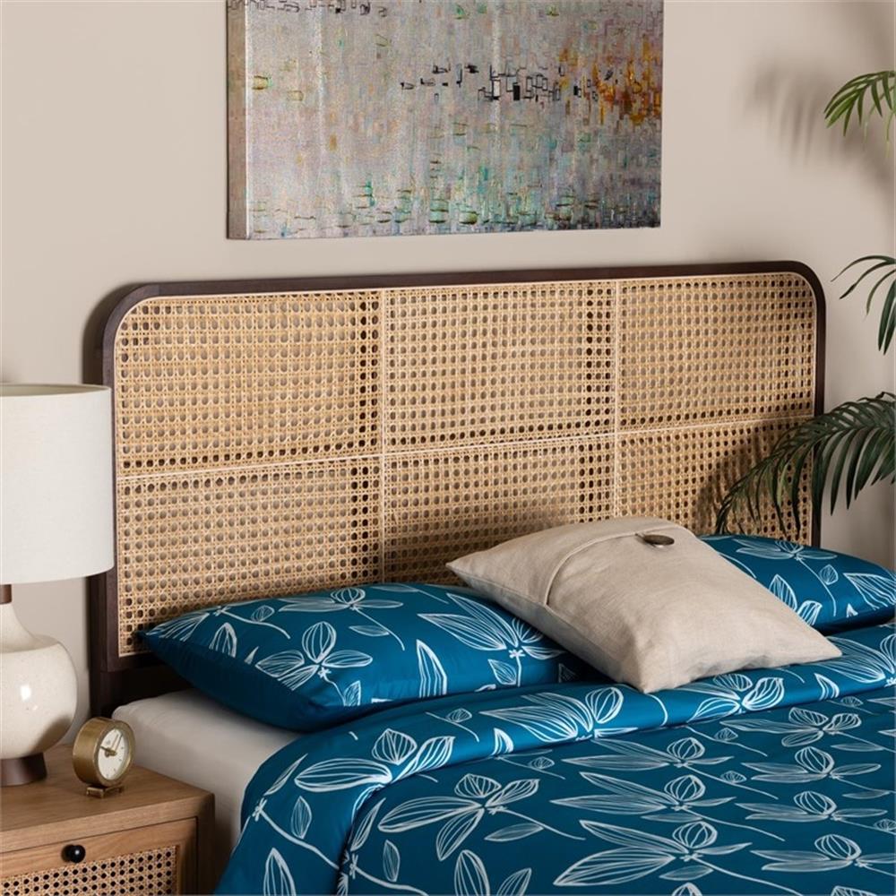 Pemberly Row Dark Brown Bayur Wood and Rattan Queen Size Headboard