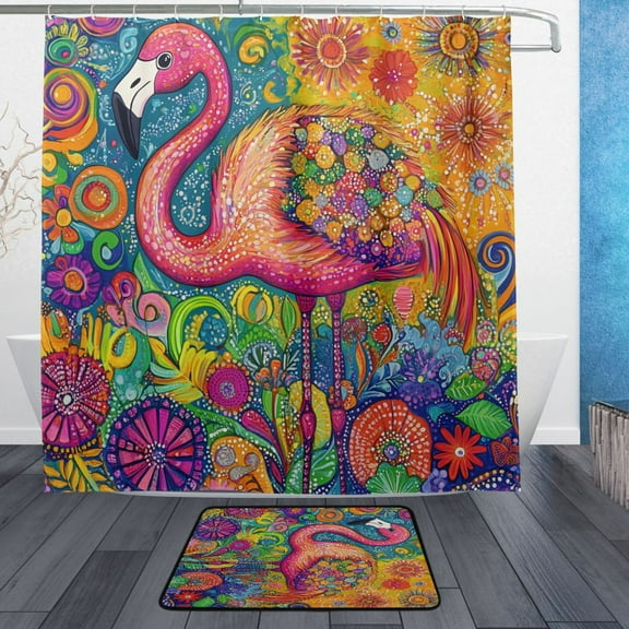 BZSMCE Shower Curtain and Bath Accessory Set,Flamingo Festivity Pattern