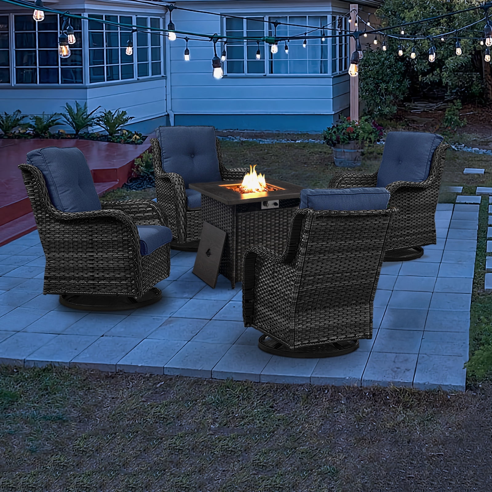 Gymojoy 5-Piece Patio Furniture Set with Rectangular Fire Pit Table, Swivel Rocking Chairs, Outdoor High Back Wicker Rattan Conversation Set with 4-inch Blue Cushions