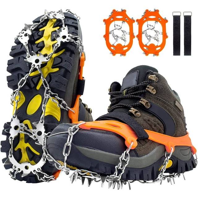 Crampons à Glace, 19 Pointes en Acier Inoxydable pour Bottes de Randonnée Chaussures Antidérapantes, Grande Protection pour Hommes Femmes Activités Hivernales Extérieur (Noir, TG)