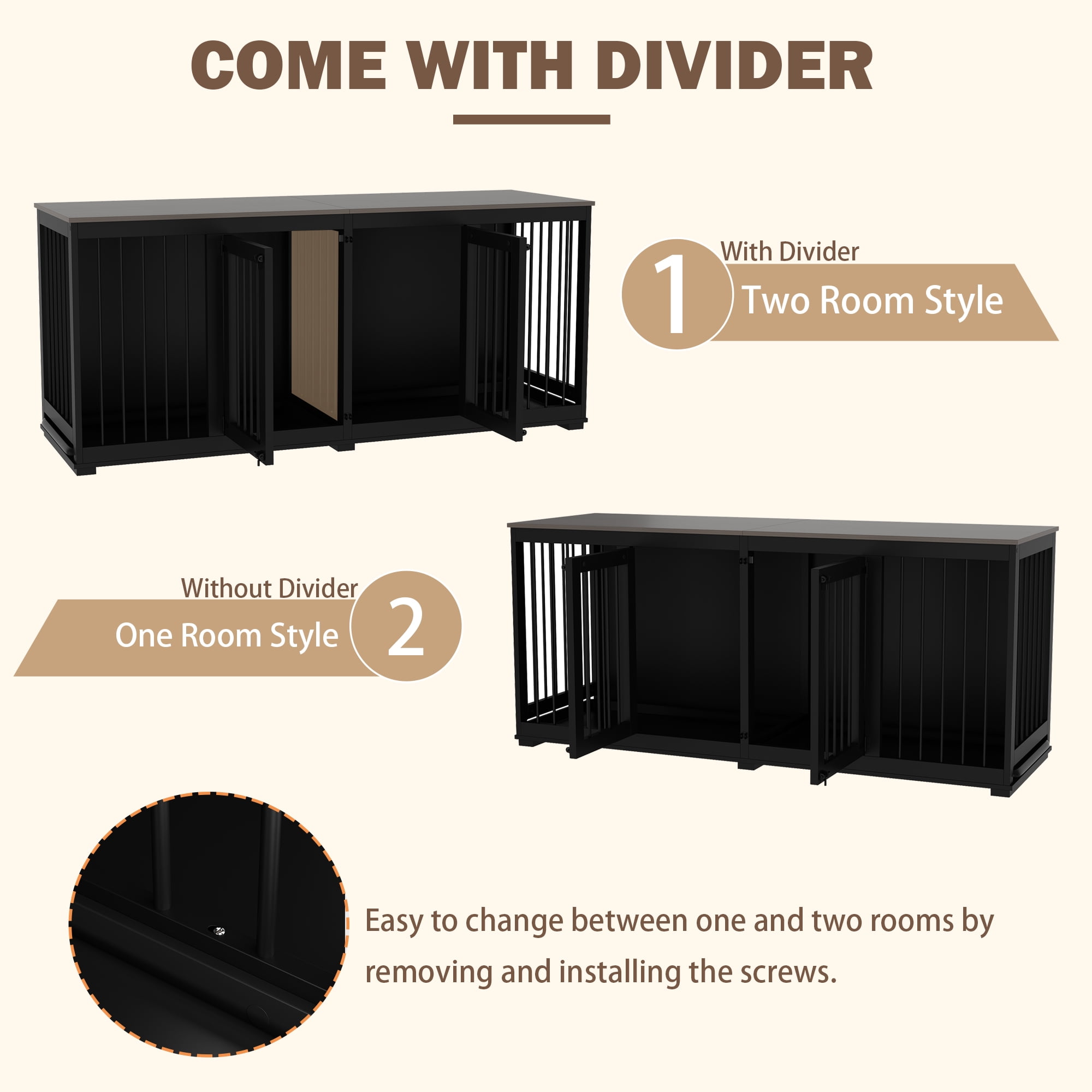 NARTRU Dog Crate Furniture, Wooden Dog Kennel with Tray and Divider, 70.9" , Black