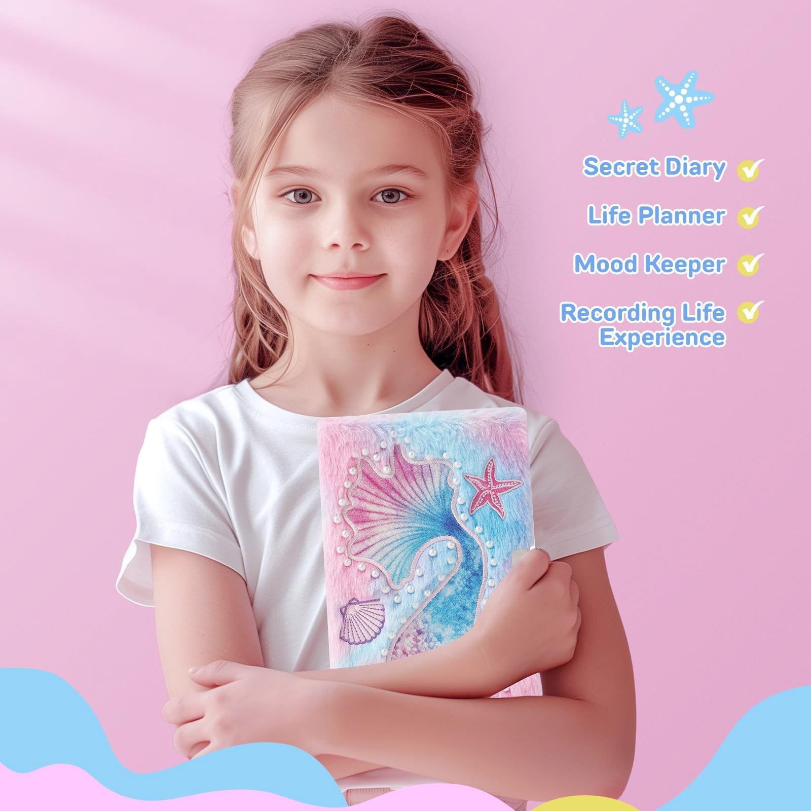 VKLU Plush Lock Diary, Mermaid Theme Fuzzy Notebook with Keys, Aesthetic Tie Dye Sequin Journal for Creative Writing and Daily Log, Soft Furry Stationery, Purple Tie Dye