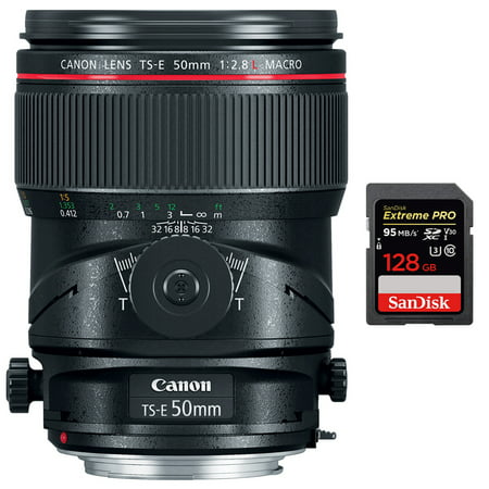 Canon TS-E 50mm f/2.8L Macro Tilt-Shift EF-Mount Lens (2273C002) with Sandisk Extreme PRO SDXC 128GB UHS-1 Memory