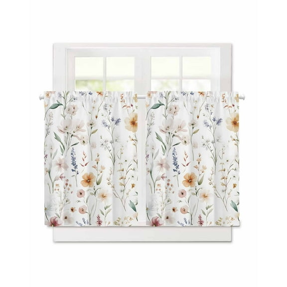 Spring Flowers Short Blackout Curtains 45 Inch Long Watercolor Floral Garden Rod Pocket Kitchen Curtains, 2 Panels Thermal Insulated Room Darkening Drapes for Bedroom, 30"W x 45"L