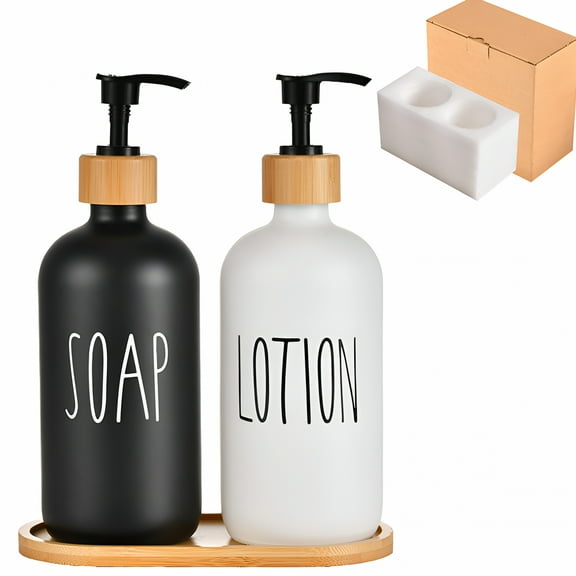 ACDANC Glass Soap Dispenser Bathroom Set Pump - Hand Soap and Lotion Dispenser Set with Tray Farmhouse Bathroom Decor, Boho Bathroom Accessories - Set of 4, Black/White