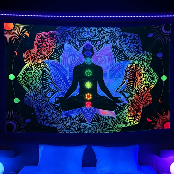 Black Light Meditation Trippy Tapestry,Yoga UV Hippie Psychedelic Tapestries Posters,Hippie Mandala Boho Tapestry Wall Hanging for Bedroom Party Decor 60X40 inches