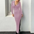 thumbnail image 2 of IROINNID Long Sleeve Dress for Women Fall Dress Full-Length Formal Dress Versatile Turndown Collar Solid Color Tight Fitting Cutout Dress,Pink, 2 of 8
