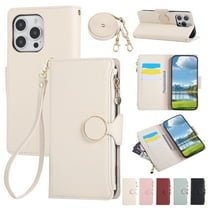Phone Case for iPhone 13 Pro Max, Lychee Texture PU Leather Magnetic Clasp Zipper Wallet with Crossbody   Wrist Strap Card Holder Stand Flip Cell Cover for iPhone 13 Pro Max Women Girls, Beige