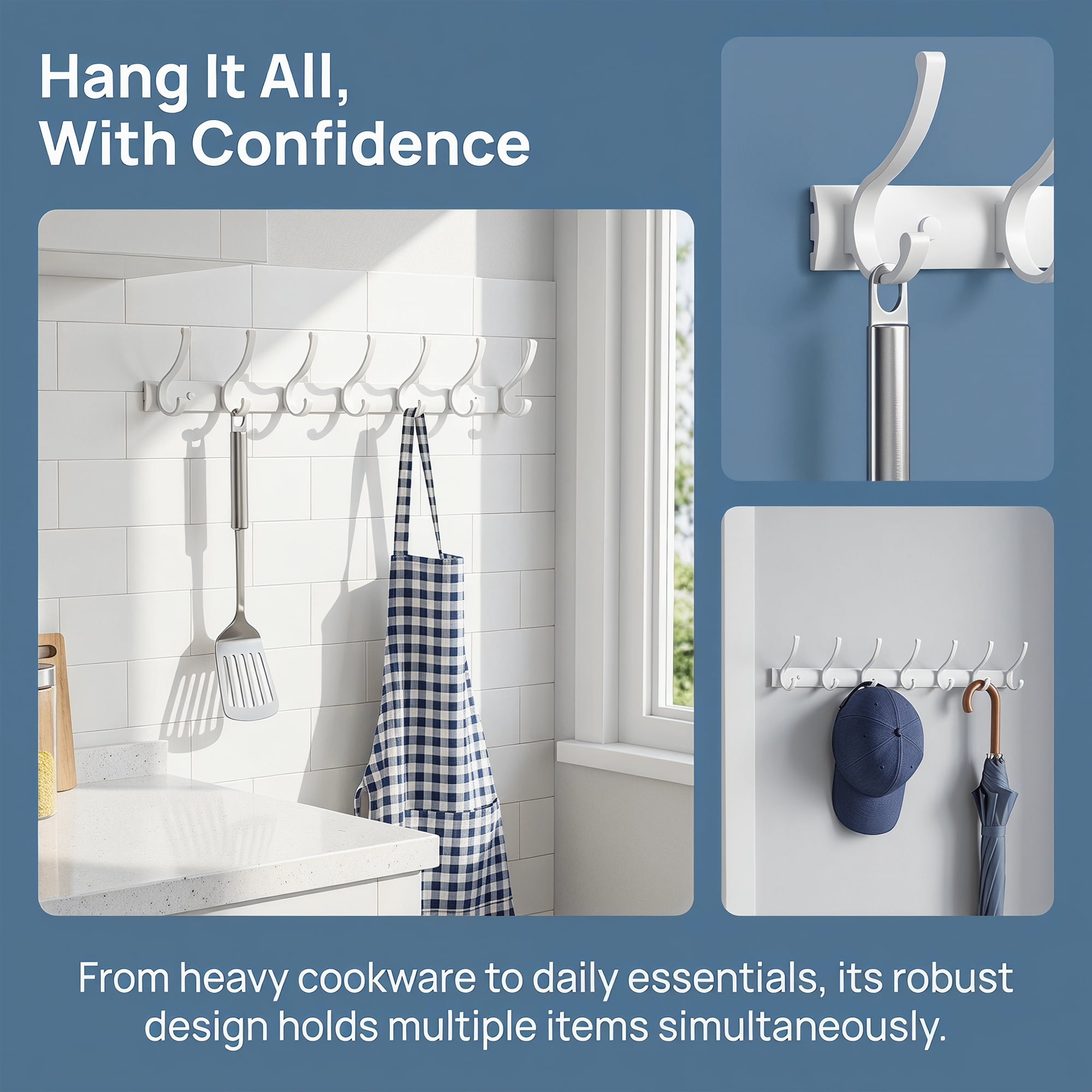 Unique Bargains Coat Rack Wall Mount,Hat Rack for Entryway and Bedroom White 7 Hooks