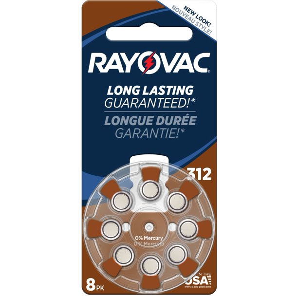 Mercury Free Hearing Aid Batteries, Size 312, 8Pack (L312ZA8ZM), Long