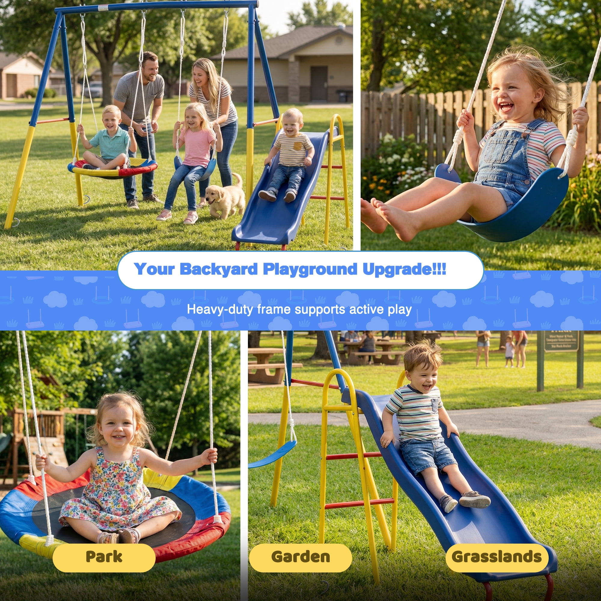 Leumius 3 in 1 Swing Set with Slide for Kids,Outdoor Heavy-Duty Metal Playset for Backyard,Blue