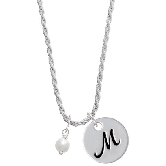 Delight Jewelry Silvertone 6mm Glass Imitation Pearl Bead Drop Silvertone Script Initial Disc - M - Charm Necklace, 20"+3"