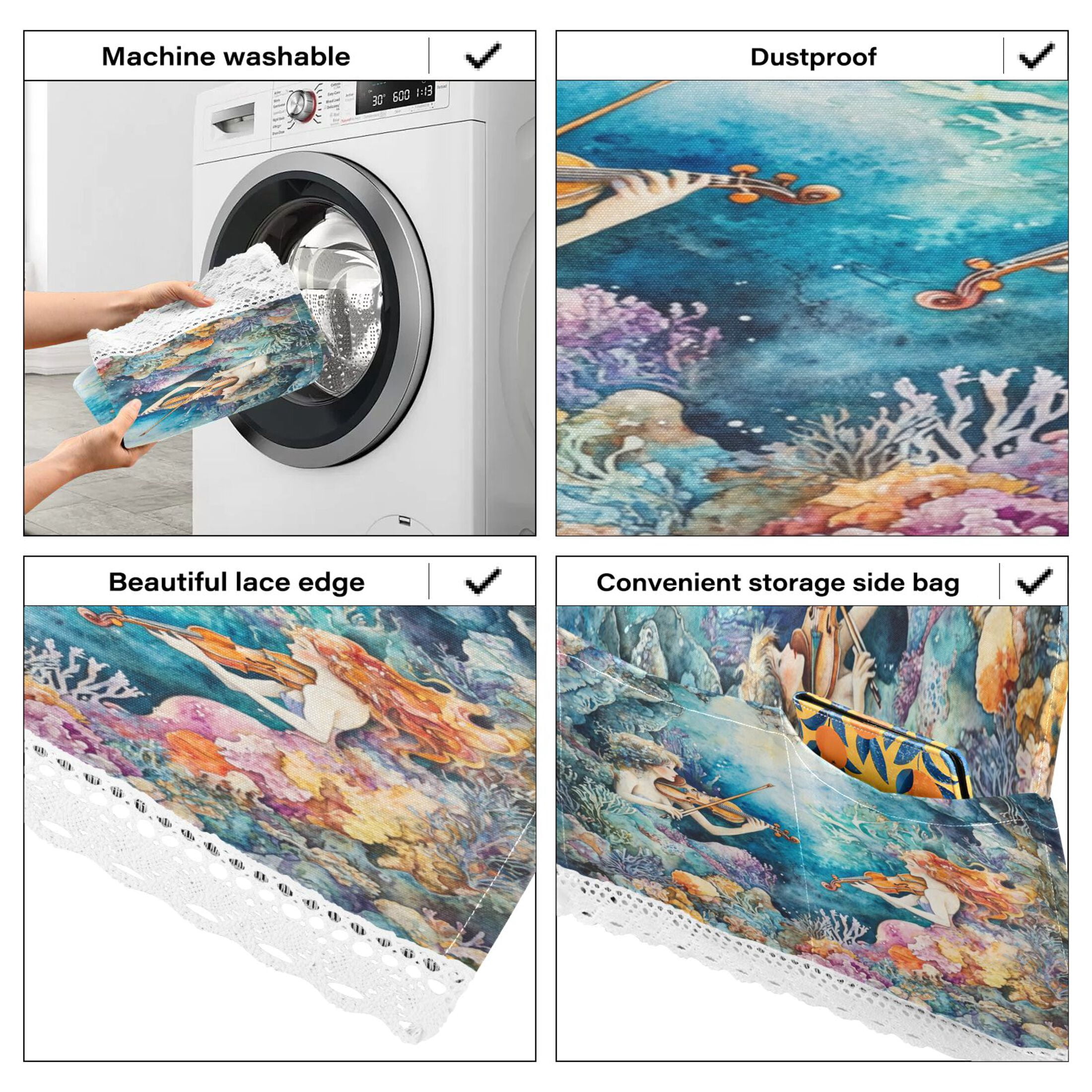 Washing Machine Cover 51.2x22in, Durable Polyester Dust Cover with Lace Trim and Side Pocket for Appliances The Mermaid Plays Music