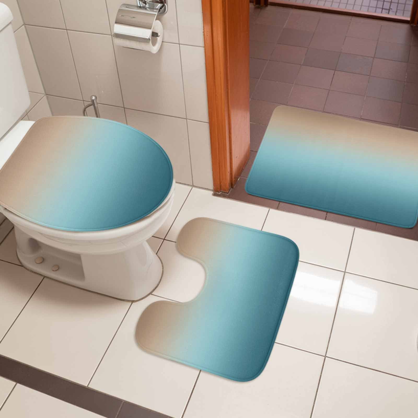 Navy Blue Brown Ombre Bath Mat 3 Piece Bathroom Rug Set, Teal Gradient Color Modern Abstract Art Non Slip Bath Rug Contour Mat and Toilet Lid Cover, Absorbent Shower Mats Soft Bath Rugs and Mats Sets