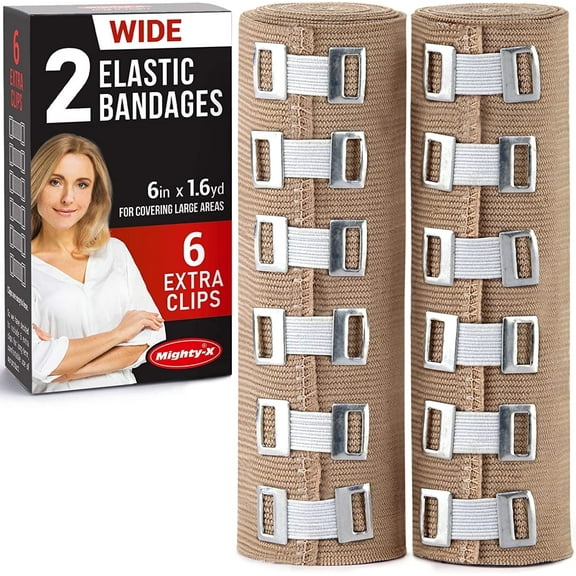 Premium Elastic Bandage Wrap - 2 Pack 18 Extra Clips - Wide (6 inch) Compression Bandage - Stretches up to 15ft in Length