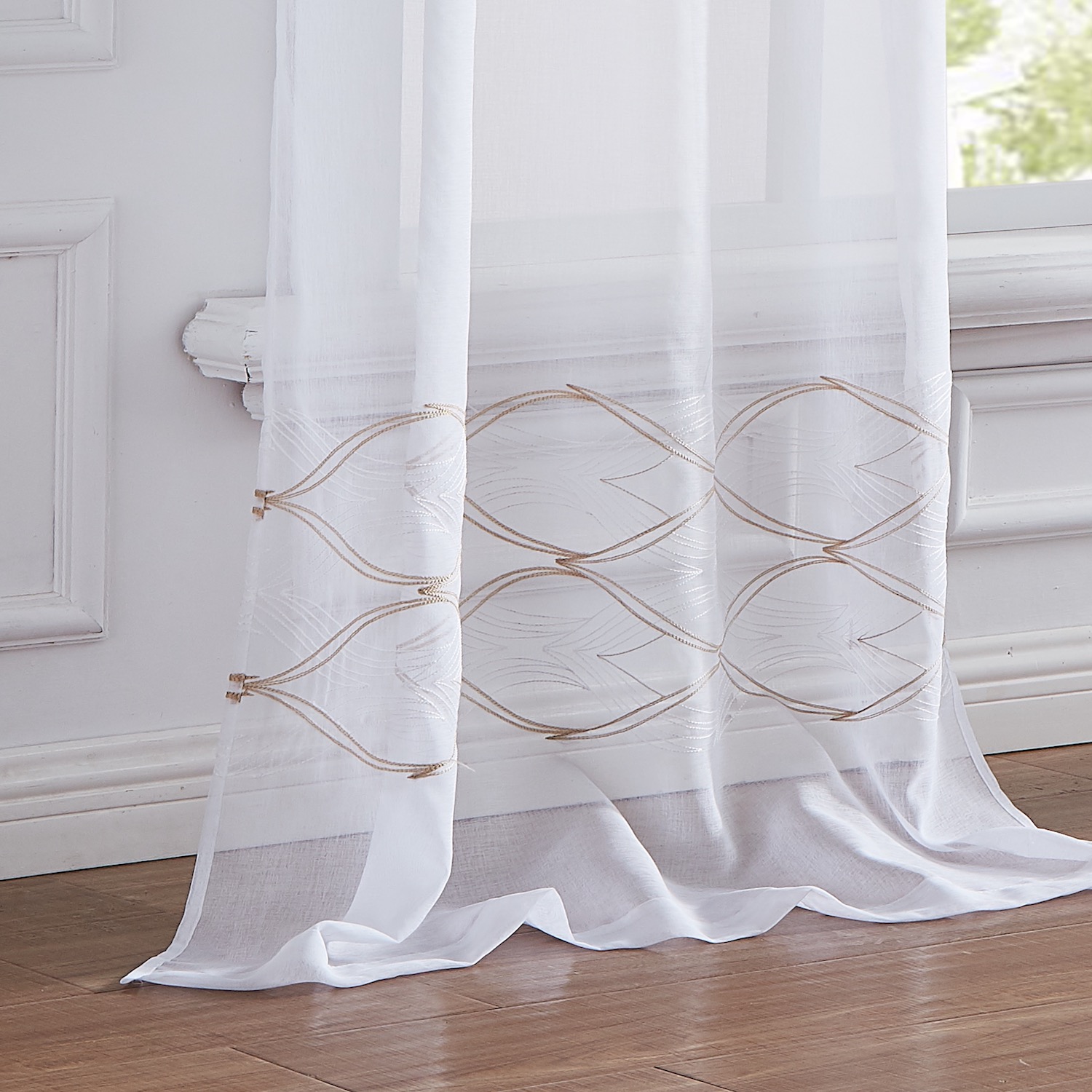 New Wave Linen Look Wave Design Striped 76" x 96" Window Panel Pair in White and Gold