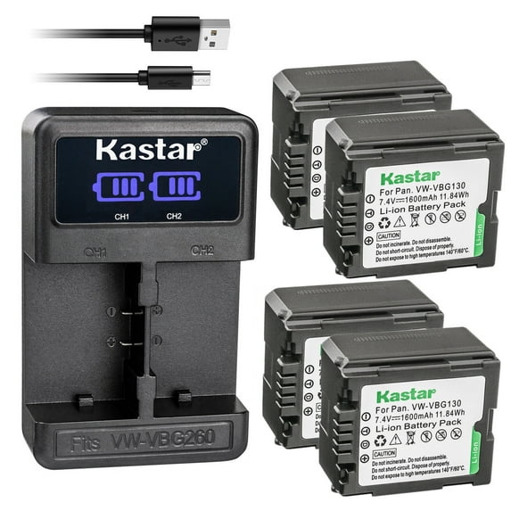 Kastar 4-Pack VW-VBG130 Battery and LED2 USB Charger Compatible with Panasonic HDC-TM20K8 HDC-TM20R HDC-TM20S HDC-TM30 HDC-TM200 HDC-TM300 HDC-TM300K HDC-TM300P HDC-TM300PC HDC-TM350 Camera