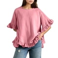 thumbnail image 1 of Blouse à Col à Volants pour Femmes - Chemise Boutonnée à Manches Courtes d'Été, Coupe Ample Décontractée Col Rond avec Détails Féminins (Rouge 2 / L), 1 of 7