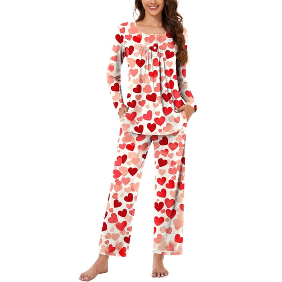 FDGIU Valentine's Day Sleepwear for Women - 2 Piece Long Sleeve Pajama Set with Heart Print Top Comfy Loungewear Set