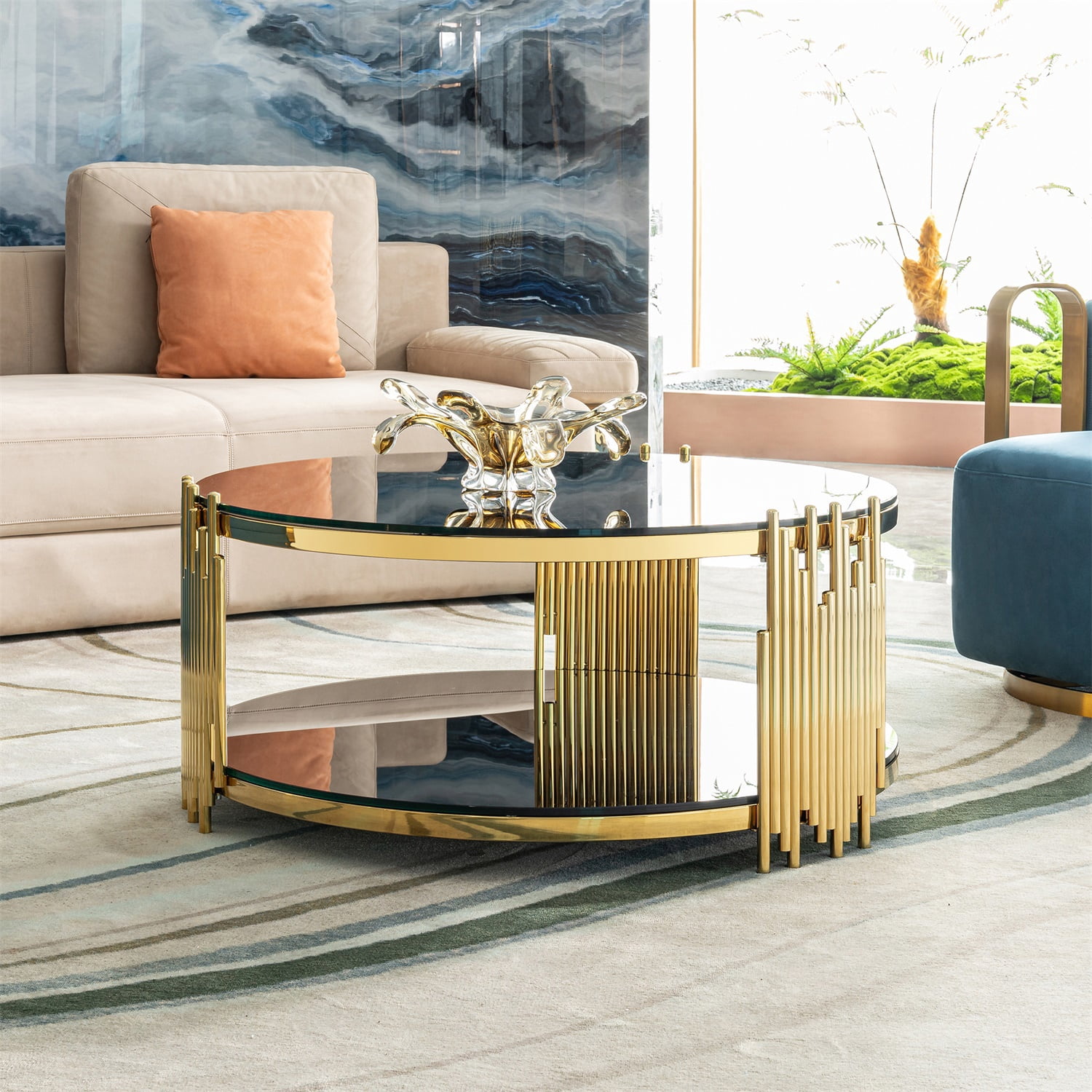 Hommoo Modern Round Coffee Table with Double-Tier Tempered Glass & Stainless Steel Frame, 31.5" Diameter, Easy Assembly, Living Room, Office & Bedroom Use, Black & Gold