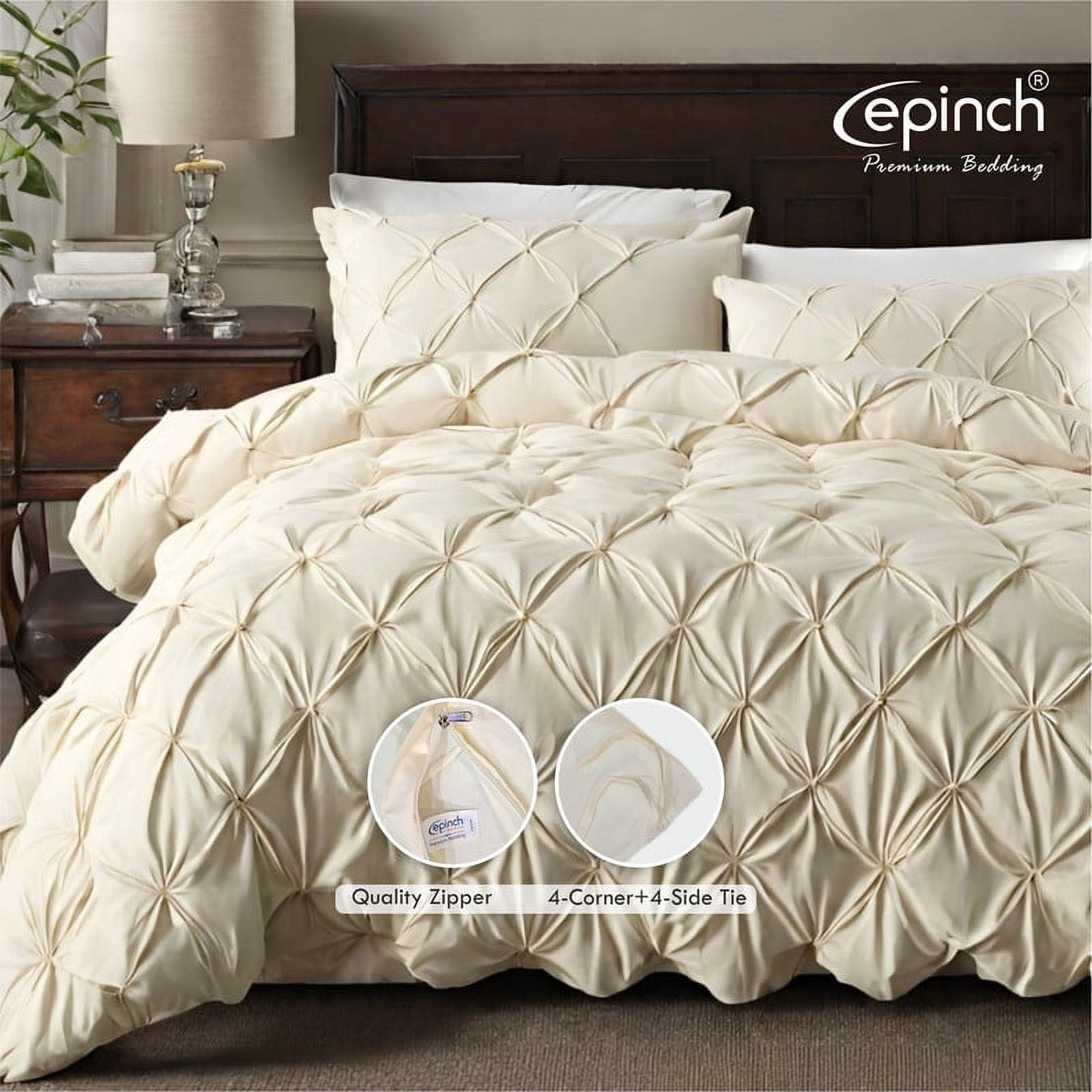 Pinch Pleated Duvet Cover Set 1200TC 100% Cotton Luxurious Home 3-Piece 1-Pinch Duvet Cover 2-Pinch Pillowcase Zipper Tie Closure Pack of 1