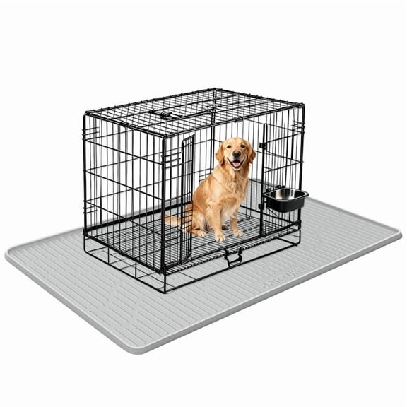 Bartuke Extra Large Silicone Dog Crate Mat 32"x22", Grey, Raised Edge Leakproof Kennel Mat, Non-Slip Washable Floor Protector for Playpen & Cages
