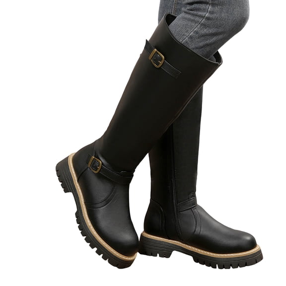 Rokment Wide Calf Knee High Motorcycle Riding Boots for Women 2026 Fashion Casual Buckles Leather Platform Chunky Heels Mid-Calf Long Tall Booties Fall Winter