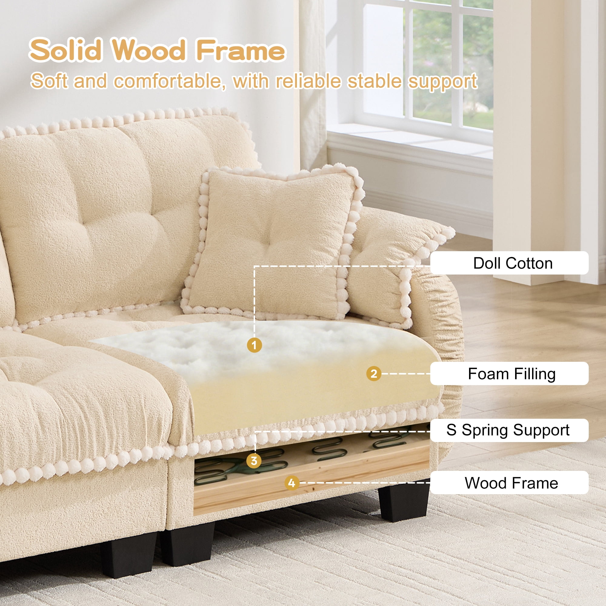 Anpport 100" Chenille Cloud 3‑Seater Sofa with 4 Pillows, Pom‑Pom Trim, Quilted Tufted Ergonomic, Easy Assembly Deep Seat for Living Room Apartment, Cream