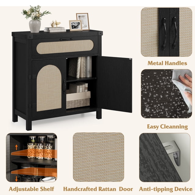 Modern Black Rattan Sideboard Buffet Cabinet with Drawer and Adjustable Shelves – Synthetic Rattan Accent Doors – Multi-Functional Storage for Entryway, Living Room, Dining Room, or Kitchen