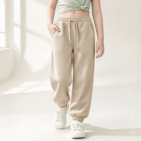 FSYBOA Girls Jogger Sweatpants Size 10-12,Relaxed Fit Elastic Bottom Elastic Waist Daily Fall Pants Beige