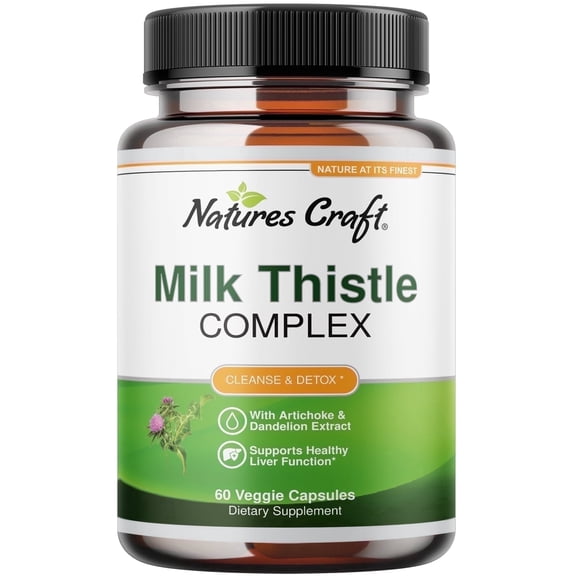 Natures Craft Liver Support Advanced Milk Thistle Supplement and Dandelion Root with Artichoke Extract for Liver Cleanse Detox & Repair - 60ct