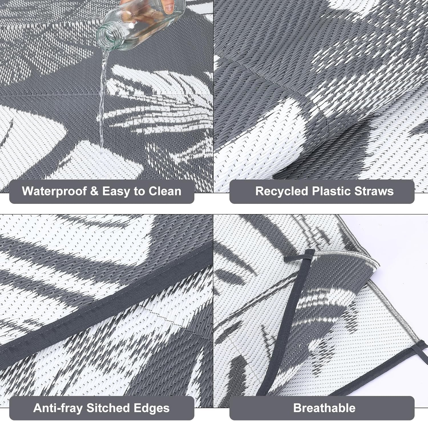 Funslane Outdoor Rug 10' x 14', Waterproof Plastic Straw Mat, Foldable & Reversible, Indoor Outdoor Rugs for Patio, Deck, RV, Beach, Picnic, Gray/White