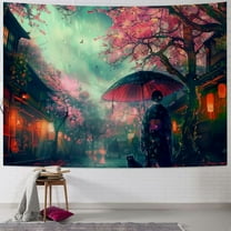BCIIG Japanese Anime Tapestry Ancient Japanese Night Street Landscape Tapestries, Red Cherry Blossom Lantern Wall Hanging For Living Room Bedroom Dorm Painting