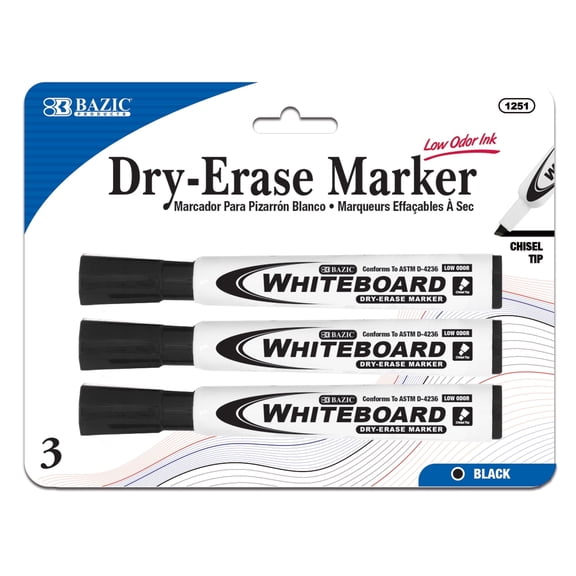 BAZIC Dry Erase Marker Black Color Chisel Tip Whiteboard Markers (3/Pack), 1-Pack
