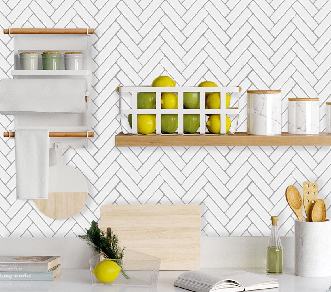 "clevermosaics White Herringbone Marble Mosaic Adhesive Backsplash Tiles, 12"" x 12"", Set of 10"