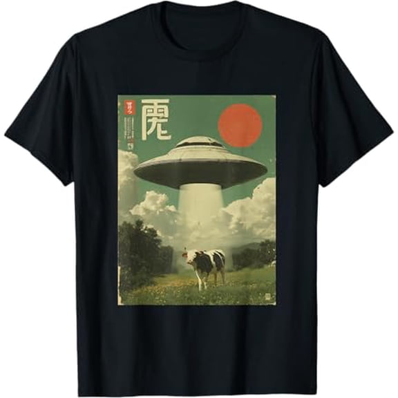 Funny Retro Vintage Japanese Cow Abduction Alien Spaceship T-Shirt
