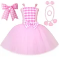 thumbnail image 3 of Vestido de tutú de princesa Barbi para niñas, ropa para fiesta de cumpleaños de Halloween, disfraz de película de Cosplay, vestidos de tul a cuadros rosas para niñas, 3 of 5