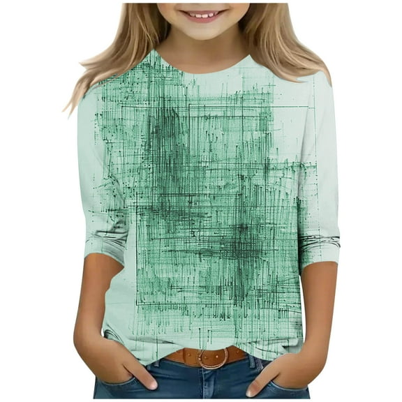 BRGZLK Girls Casual T Shirts Print Pattern Fitted Cute Seven Points Sleeve Round Neck Top Fashion Comfy Breathable Soft Workout Tunic Tops Green 11-12 Years