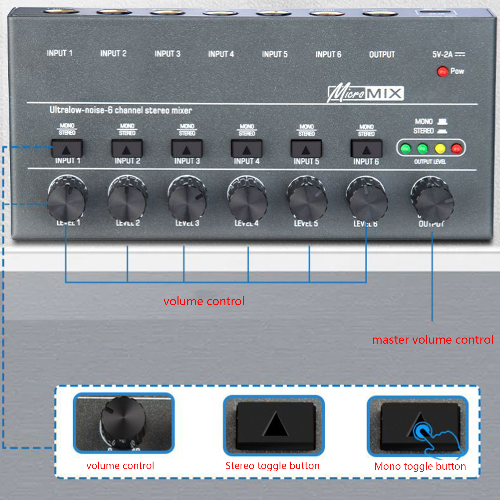 Ultra Low-Noise 6-Channel Line Mixer Mini Audio Mixer Type-C/Computer Powered - image 2 of 7