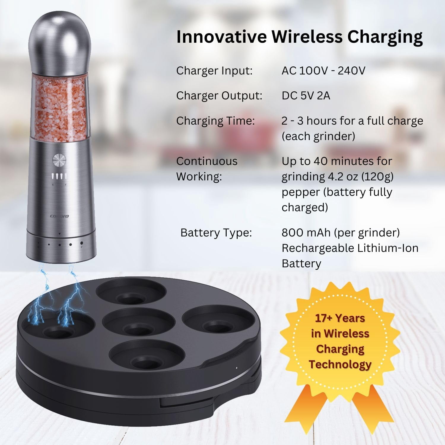 COSPRO 5-in-1 Wireless Charging Electric Salt and Pepper Grinder Set, Rechargeable Automatic Stainless Steel Spice Mill Set - One-Hand to Operate, Adjustable Coarseness, Easy Cleaning