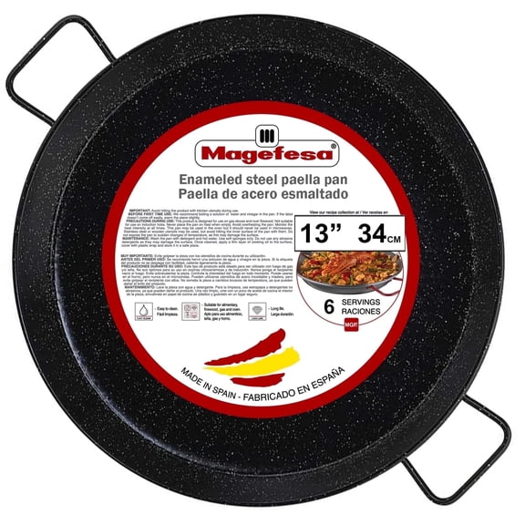 Magefesa 13.5-inch Enameled Steel Paella Pan, 34 cm - 6 Servings, Durable and Lightweight