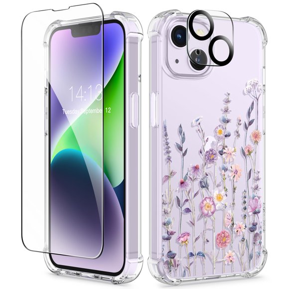 Funda de teléfono GVIEWIN para iPhone 14 6.1 Floral con protector