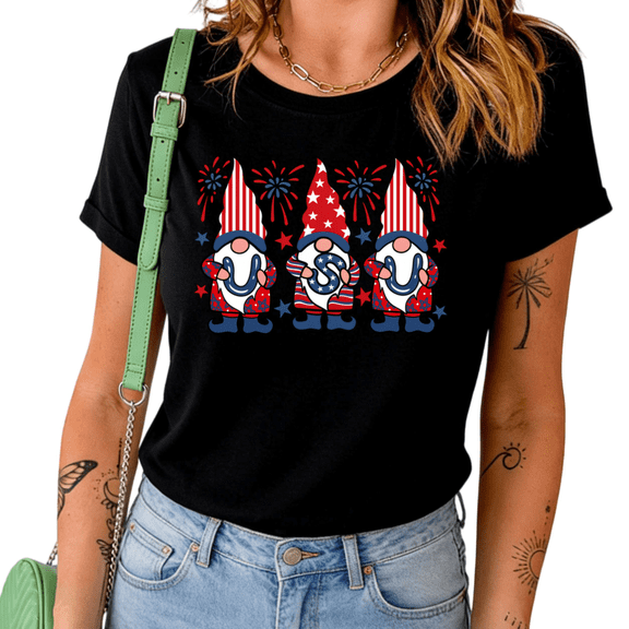 UNISHE Women's USA Patriotic Gnome 4th of July Firework Graphic Short Sleeve T-Shirt Casual Cotton Crewneck Top